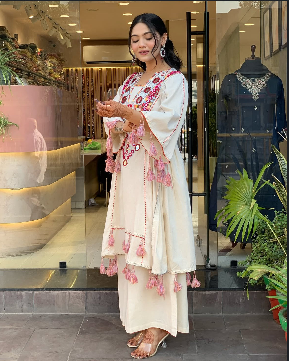 Designer Peplum & Bell Bottom Set with Real mirror work With Tassels and Lace work.