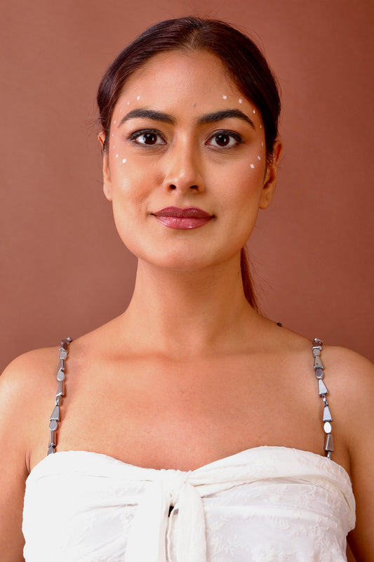 Silver beaded bra strap