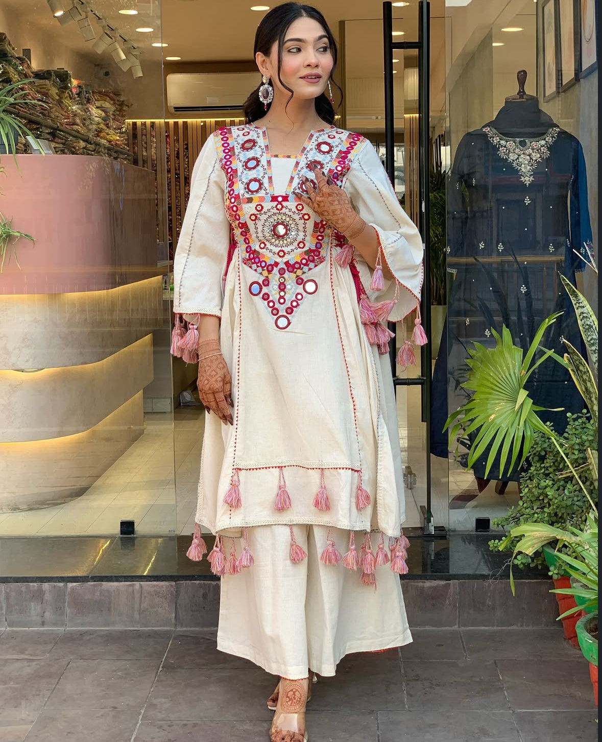 Designer Peplum & Bell Bottom Set with Real mirror work With Tassels and Lace work.