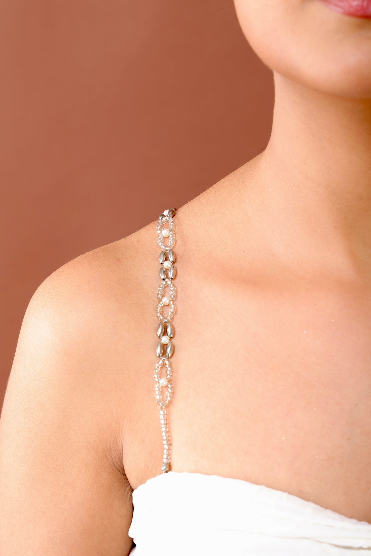 Silver and crystal beaded bra strap
