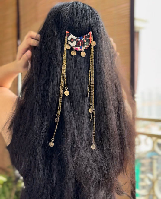 Kutchh Embroidery Hair Clip with Coins & Chains