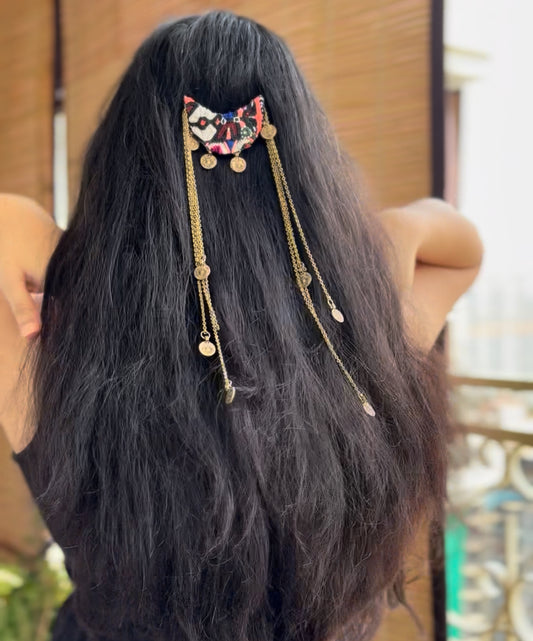 Kutchh Embroidery Hair Clip with Coins & Chains