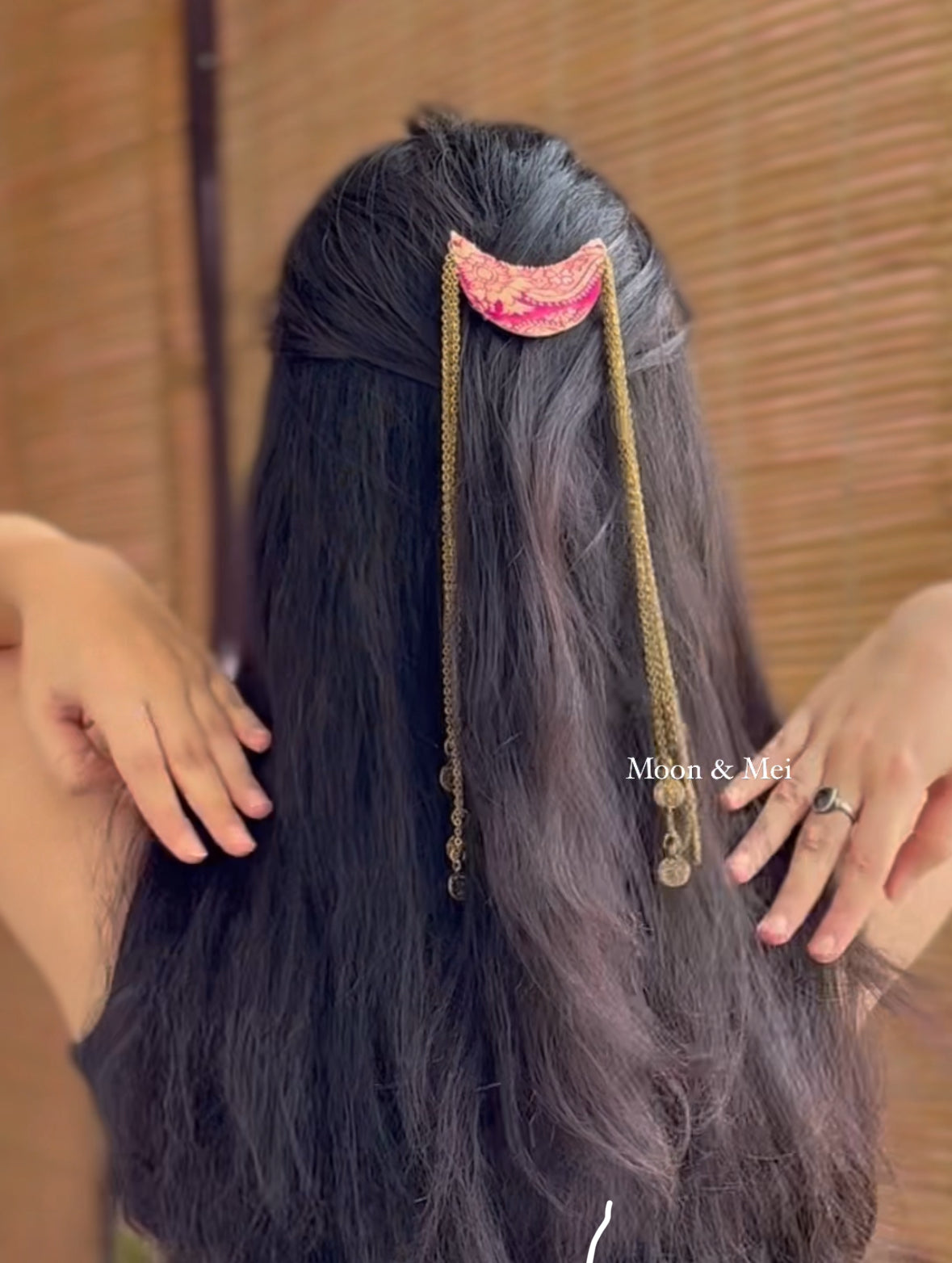 🌙 Boho Pink Crescent Hair Clip with Chains – Inspired by Kashi Brocade