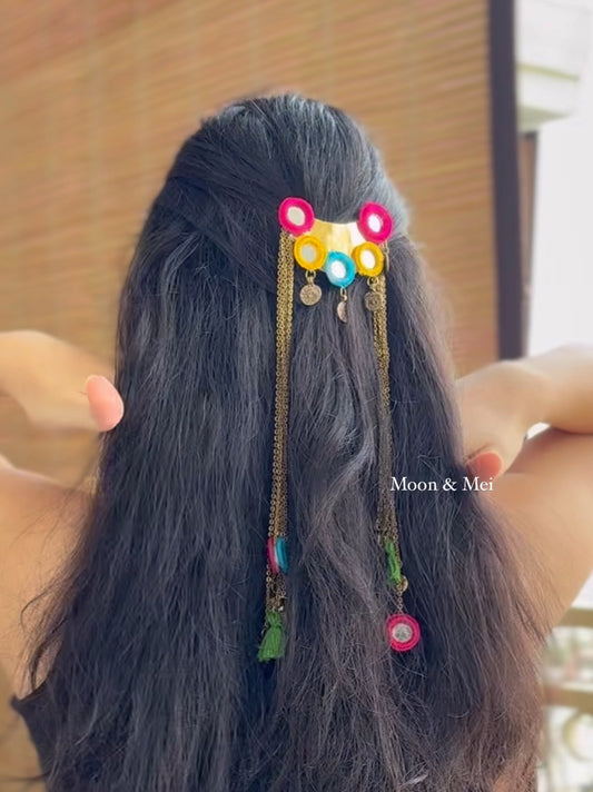 Multicolor Tassel Hair Clip with Mirror Work & Coins