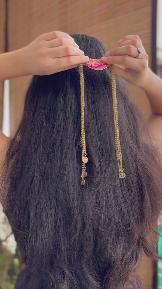 🌙 Boho Pink Crescent Hair Clip with Chains – Inspired by Kashi Brocade