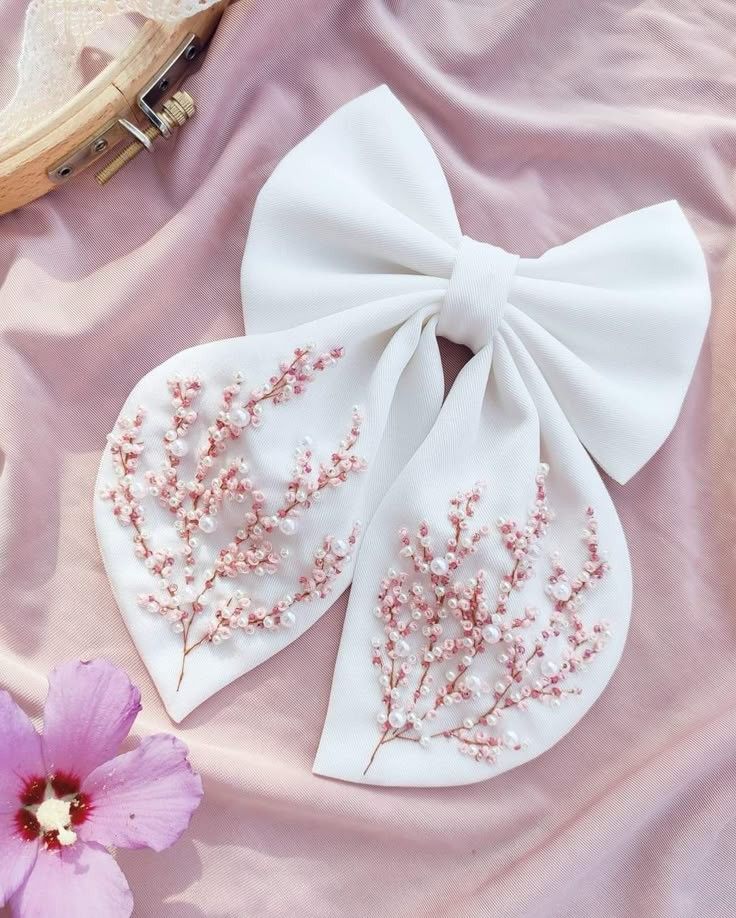 Blush Bloom Hand embroidered Bow