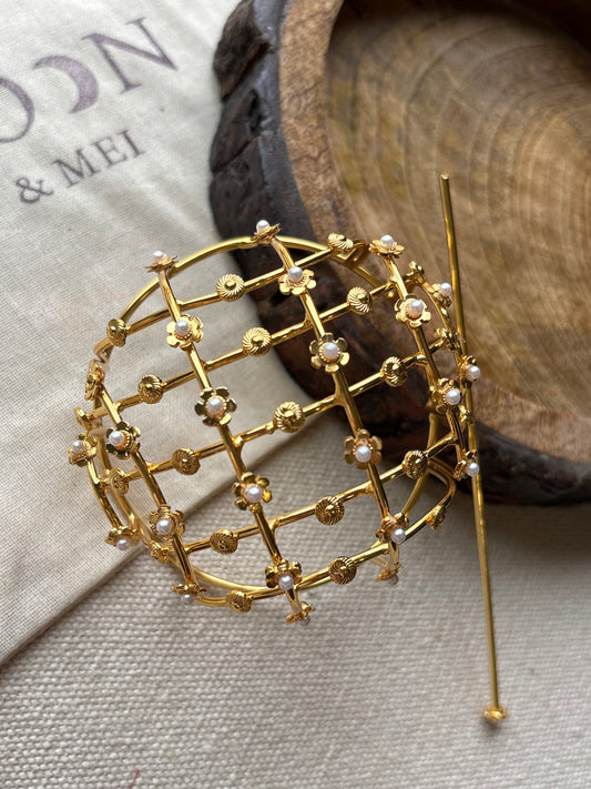 Gold Pearl Bun Cage Hair Accessory | Elegant Juda Cover for Wedding & Festive Hairstyles