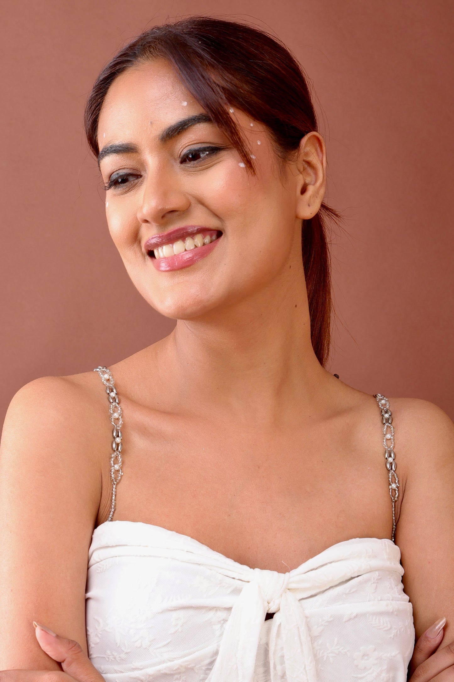 Silver and crystal beaded bra strap